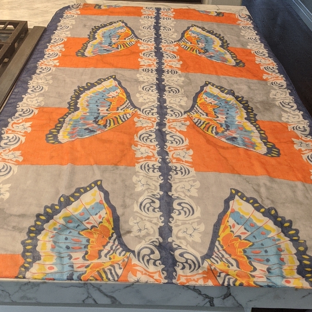 Butterfly Print Orange, Cobalt & Gray Scarf Wrap